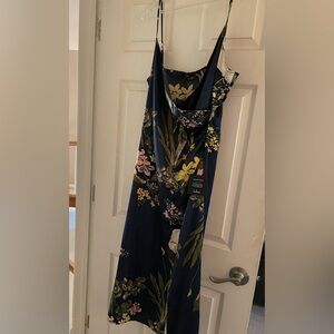 Floral Satin Midi Dress in Navy and Yellow
